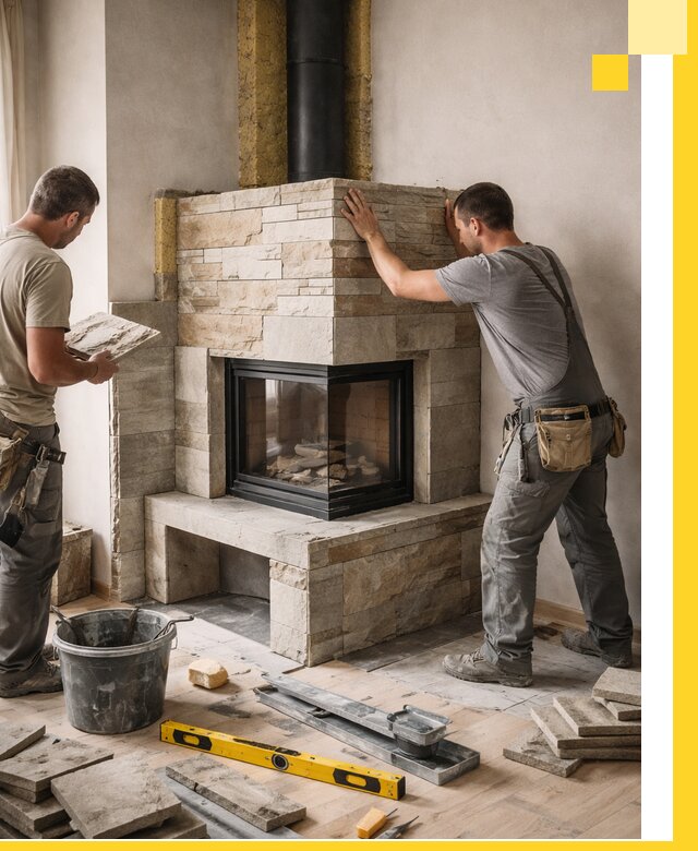 Угловые камины под ключ проект, монтаж и отделка в Кулебаках